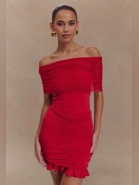 Meshki Red Off-Shoulder Ruched Mini Dress